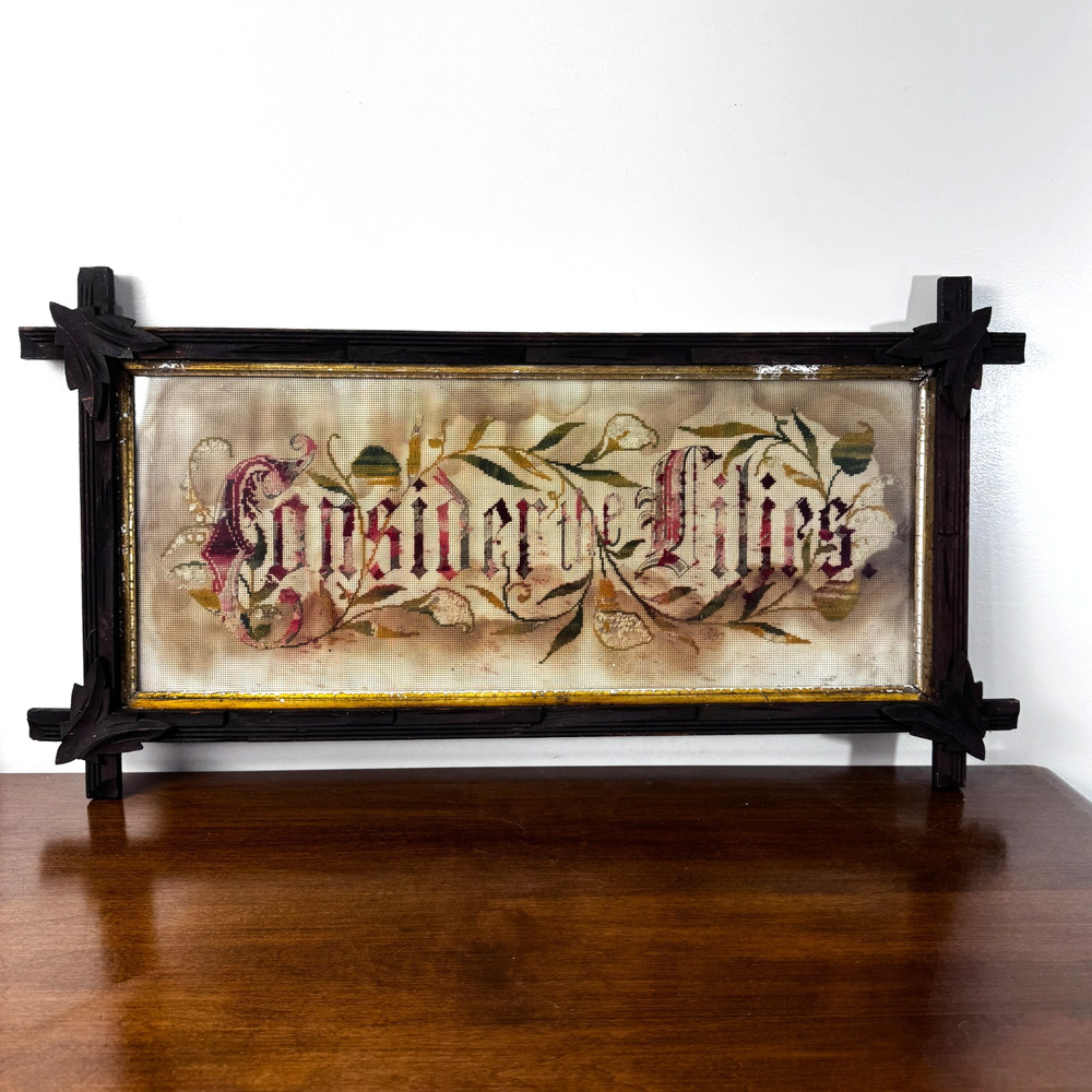 Antique Tramp Art Carved Wood Frame Consider the Lilies Needlepoint Adirondack